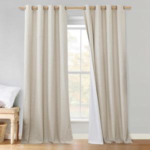 NICETOWN Farmhouse Style Keep Warm Large Window Draperies 108 inches Length with Thermal Insulated Liners, 1 Panel, 52" W, Full Blackout Natural Linen Curtain for Sliding Glass Door