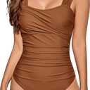 One Piece Bathing Suit for Women Tummy Control Swimsuits Square Neck Ruched Modest Swimwear (X-Large, Brown)