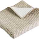 Levtex Home - Cross Stitch - Quilted Throw - 50x60in. - 100% Cotton - Reversible Pattern - Taupe with White Contrast Stitching