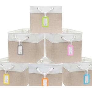 MANCHUANG 4 Pack Cube Storage Bins, 11 x 11 Inch Stitching Color Collapsible Fabric Storage Basket with Ropes, Foldable Storage Cubes for Home, Office,Closet, Clothes (White & Beige)
