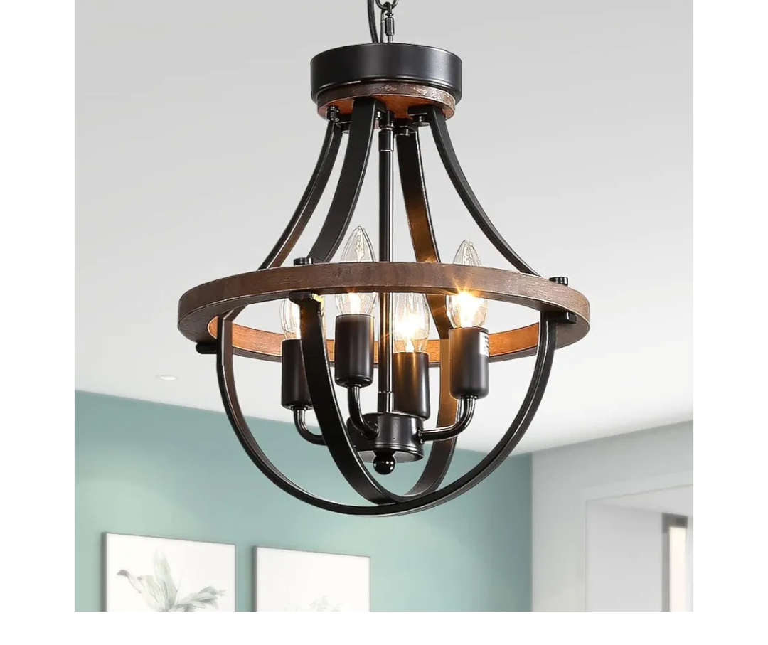 Farmhouse Chandelier, Modern Hanging Pendant Lighting, 4-Light Rustic Ceiling Light Fixture, Vintage Chandelier for Hallway Foyer Dining Room Entryway Kitchen Island Bedroom Brown Black 4-Light