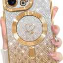 Bonoma Compatible with iPhone 17 Pro Max Case 2025 Support for MagSafe, Plating Heart Glitter Magnetic Checkered Case TPU Camera Protection Back Cover for Girls Women -Gold