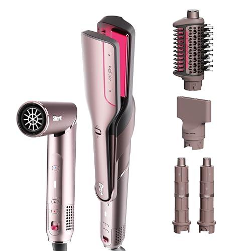 Shark FlexFusion Hair Straightener & Powerful Hair Dryer with Fusion Hair Brush, Ceramic Air Styler with Auto-Wrap Curlers & Concentrator, Ceramic Plates, Cosmic Blush HD641S