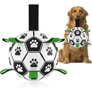 QDAN Dog Toys, Soccer Ball with Straps, World Cup Interactive Toys for Tug of War, Puppy Birthday Gifts, Water Toy, Durable Dog Balls for Medium Large (8 Inch) (Black Green)