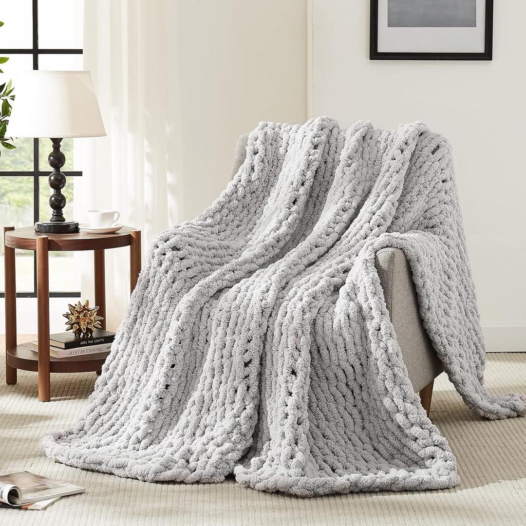 L'AGRATY Chunky Knit Blanket Throw,Soft Chenille Yarn Throw Blanket 60x80Handmade Thick Cable Knit Crochet Blanket,Large Knit Blanket Chunky Yarn,Rope Knot Throw Blanket for Couch Home Decor (Grey)
