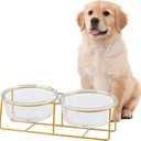Elevated Dog Bowl Set of 2 - Double Glass Bowls with Gold Iron Stand - Raised Dishes Comfortable Feeding - Ideal for Small to Medium Sized Dogs (Large)