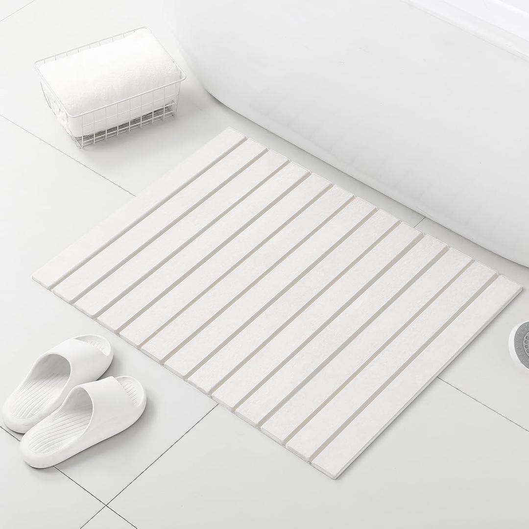 Large Stone Bath Mat, 30.2 x 23.5 Non-Slip Diatomaceous Earth Bath Mat, Ultra-Absorbent Quick-Drying Stone Drying Mat for Kitchen Bathroom Pet Bowl, Rollable & Foldable Stone Bath Mat, White XL