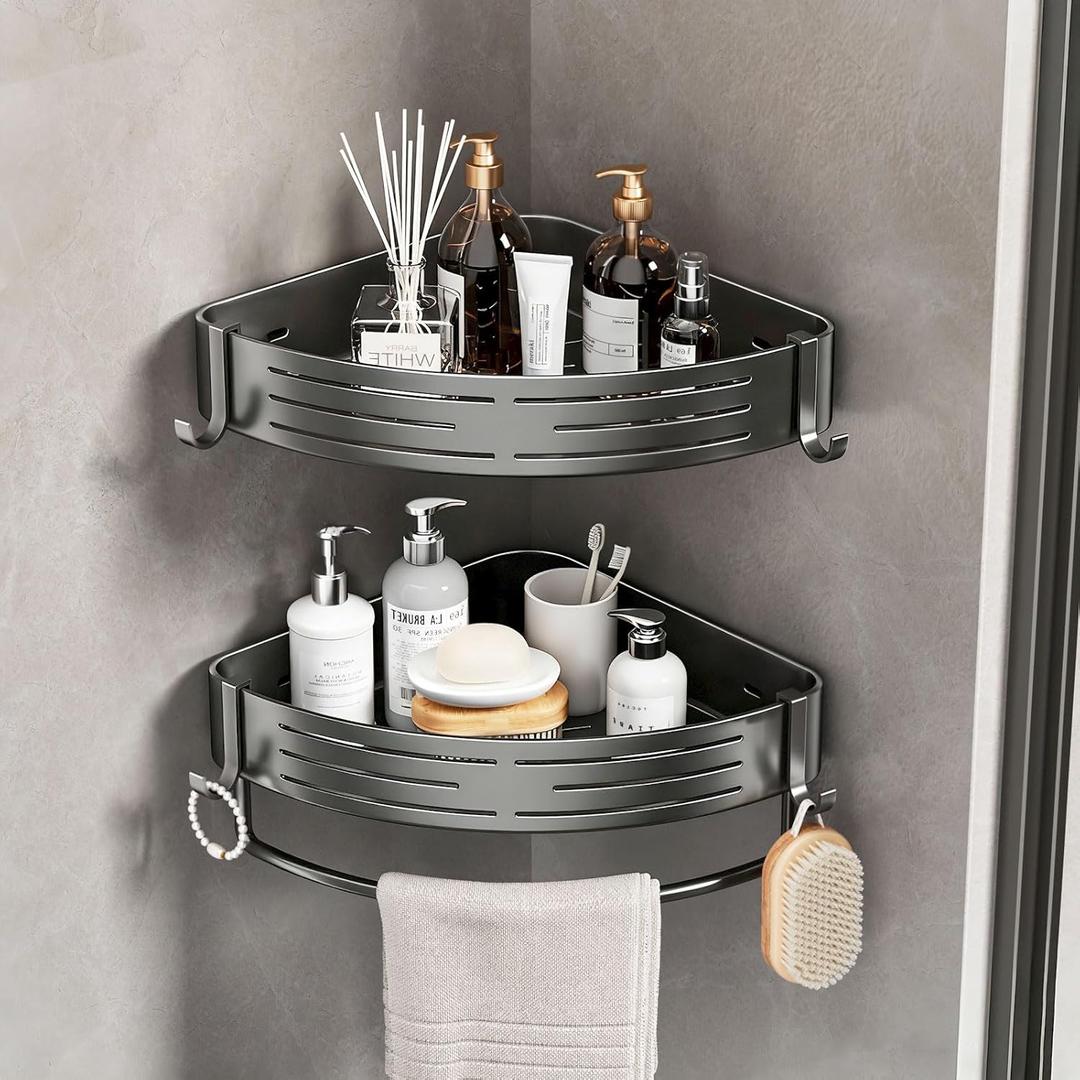 Corner Shower Caddy 2 Pack Adhesive Shelf Corner with Towel Bar Hooks No Drilling Waterproof Rust Proof Organizer for Bathroom Storage Black