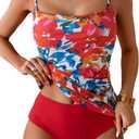 Eomenie Women's Swimsuit Tankini Tummy Control Bathing Suits Two Piece Full Coverage Slim Swim Suits with High Waisted Bottom (Medium, Printed and Red)