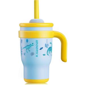 KXIAOCHEN Toddler Tumbler With Straw Spill Proof 14 Oz, Kids Tumbler With Handle Insulated Stainless Steel BPA-Free Keeps Drinks Cold up to 24 Hrs for Travel Cup Holders Outdoors, Blue Dinosaur