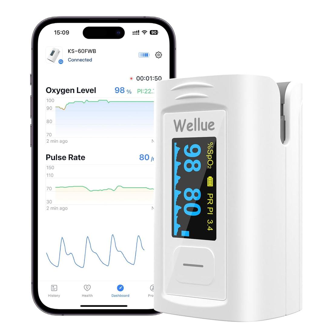 Wellue Bluetooth Pulse Oximeter Fingertip, Blood Oxygen Saturation Monitor with Built-in Memory, OLED Screen, Batteries, Free APP, Carry Bag & Lanyard (White)