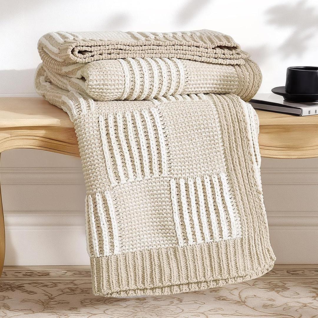 Amlie Home Checkered Knit Throw Blanket for Couch, Chenille Texture Decorative Soft Blanket for Sofa & Chair, 50"x60", Khaki & White (Checkered Beige & Ivory)