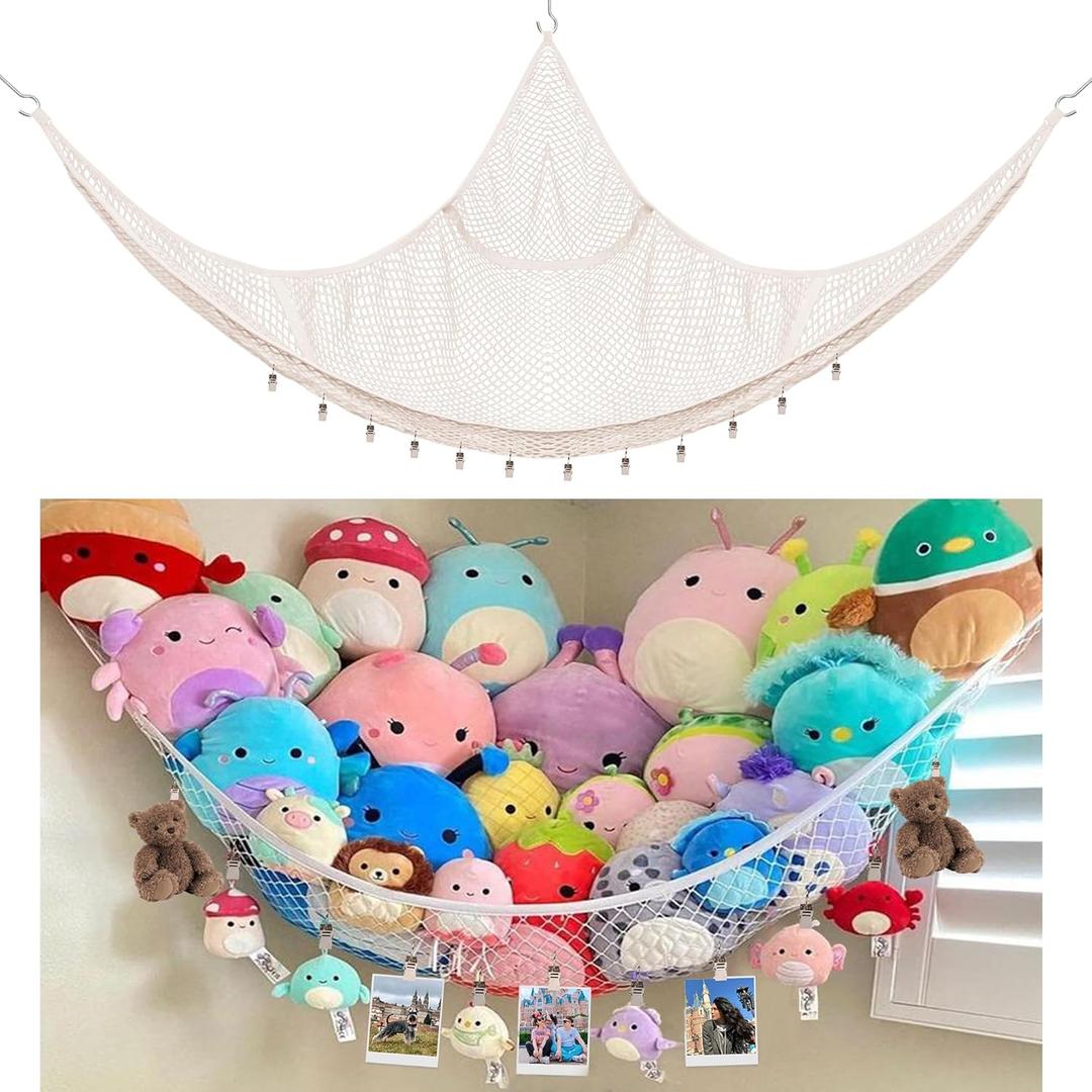 Kangaroo Stuffed Animal Storage Hammock, Corner Hanging Toy Organizer, Stuffed Animal Storage | Easy to Hang Plushie Net - Included Anchors & Hooks | for Toy Room, Nursery Bedroom & Home Decor (White) (cream)