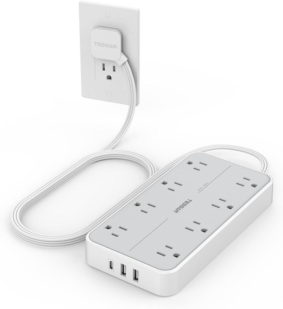 Power Strip Surge Protector, TESSAN Flat Plug Extension Cord with 8 Outlets 3 USB Charger(1 USB C), 1080 Joules Protection, Wall Mountable Charging Station for Home Office School Dorm Room Essentials (Gray)