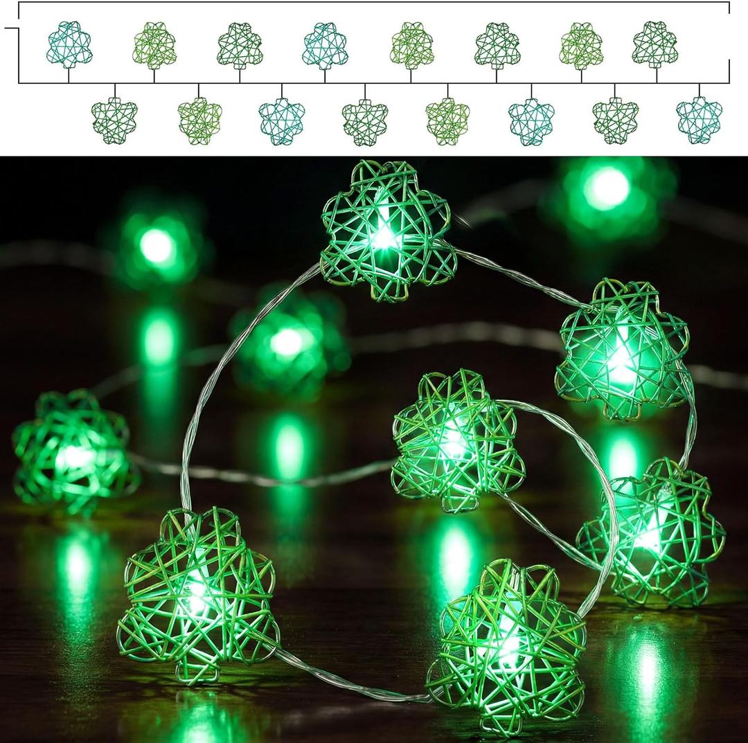 Tuanse St. Patrick's Day Decorations String Lights Battery Operated 10 ft 20 LED 3D Hollowed Rattan Big Clover String Light Green Lucky Clover Lamp for Indoor Outdoor Garden Irish Party Ornament