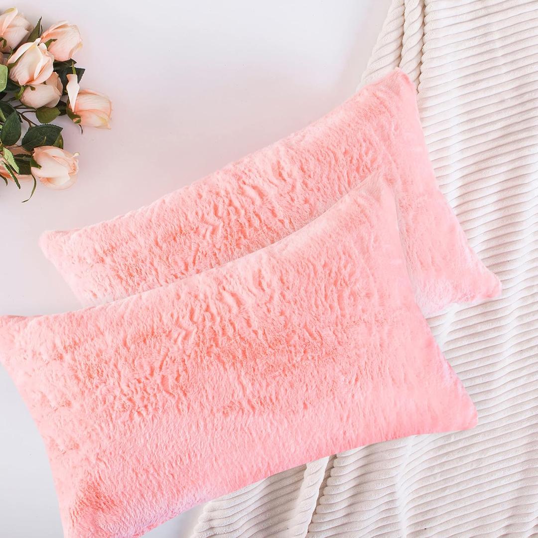 Home Brilliant Pink Pillow Covers 12x20 Plush Fluffy Faux Fur Throw Pillow Case Supersoft Oblong Cushion Cover for Lady Girls, Set of 2, 12 x 20 inch, Pink