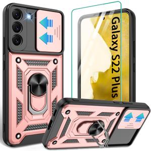 Gritup Compatible with Samsung Galaxy S22 Plus Case with HD Screen Protector with Slide Camera Cover, 360Rotation Ring Kickstand [Military Grade], Rose Gold