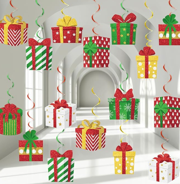 Christmas Hanging Foil Swirls Decorations Gift Box Shape Hanging Swirls Ceiling Decorations for Xmas Holiday Birthday Party Decor Christmas Outdoor Indoor Decor Baby Shower Supplies
