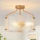 Semi Flush Mount Ceiling Light Fixture Glass Drum Chandelier Entryway Light Fixture 16''Gold Flush Mount Ceiling Lights 3-Light Foyer Lighting fixtures for Living Room Hallway Bedroom