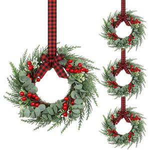 4 Pcs 8" Mini Christmas Wreaths for Kitchen Cabinet Small Christmas Candle Rings Wreaths, Front Door Pillars/Home Table Centerpieces Hanging Garlands, for Windows/Wedding Decor (No Red Ribbon)