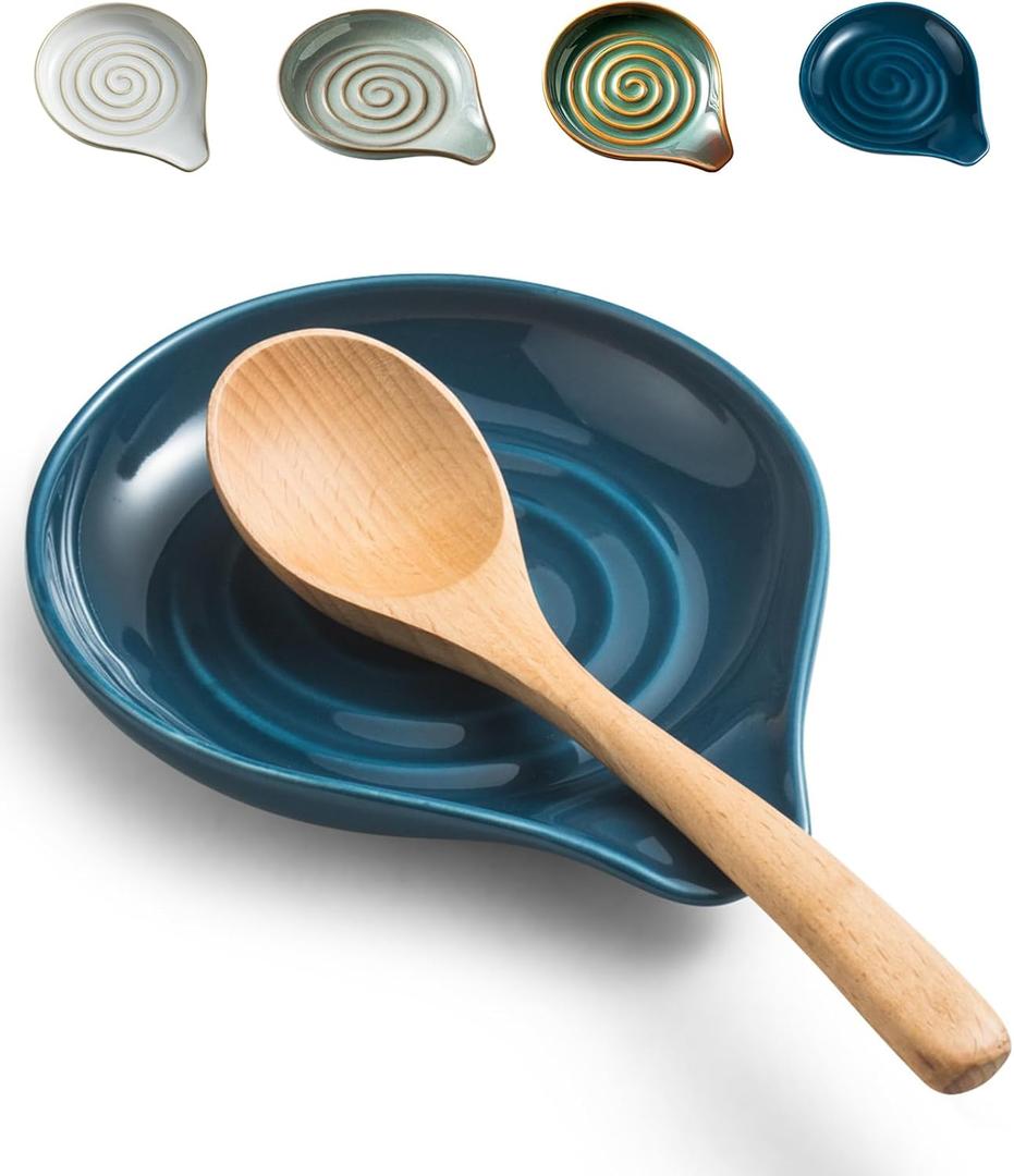 LAUCHUH Spoon Rest for Stove Top, Ceramic Spoon Holder for Kitchen Countertop, Large Cooking Utensil Rest for Spatula, Spoons or Tongs, Framhouse Decor, Blue, 5 Inches