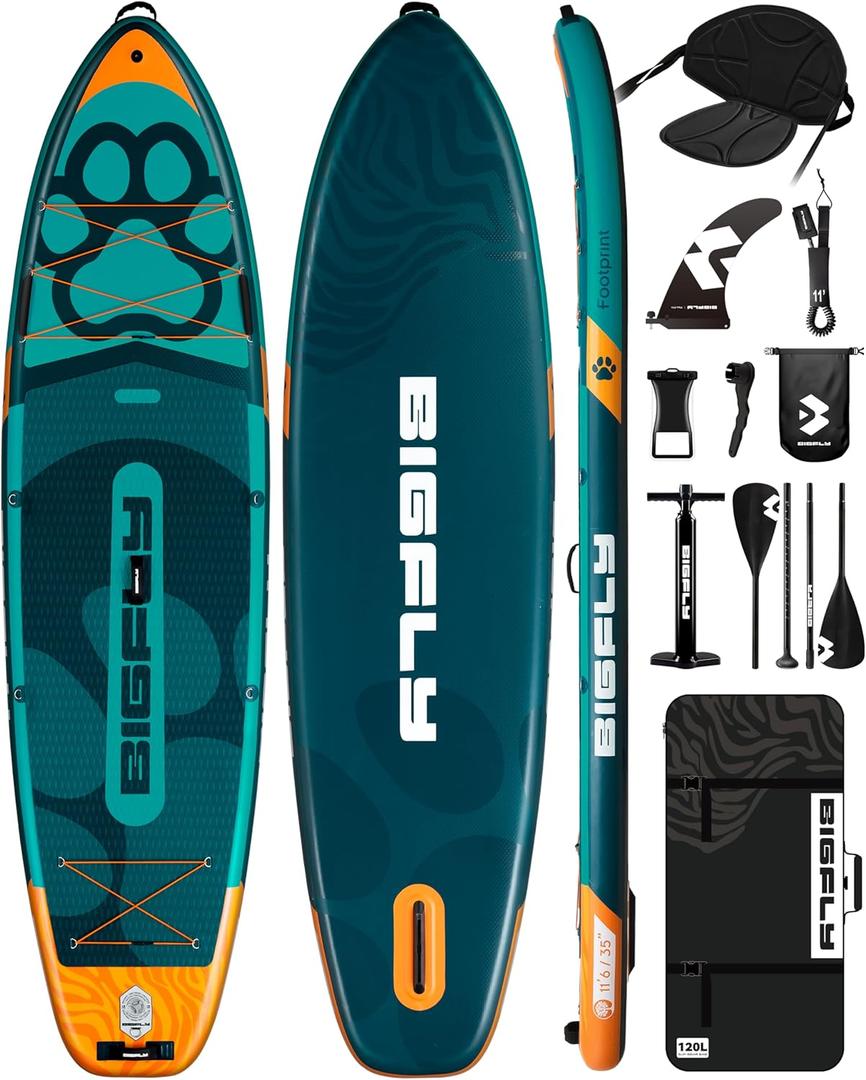 Bigfly 11'635" Super Wide Inflatable Stand Up Paddle Board, Ultra Stable Wide SUP for 2+1 People/Family/Big Size, 100L Backpack, All-Round Sup Board, US Big Fin (PetFamily Blue With Seat)