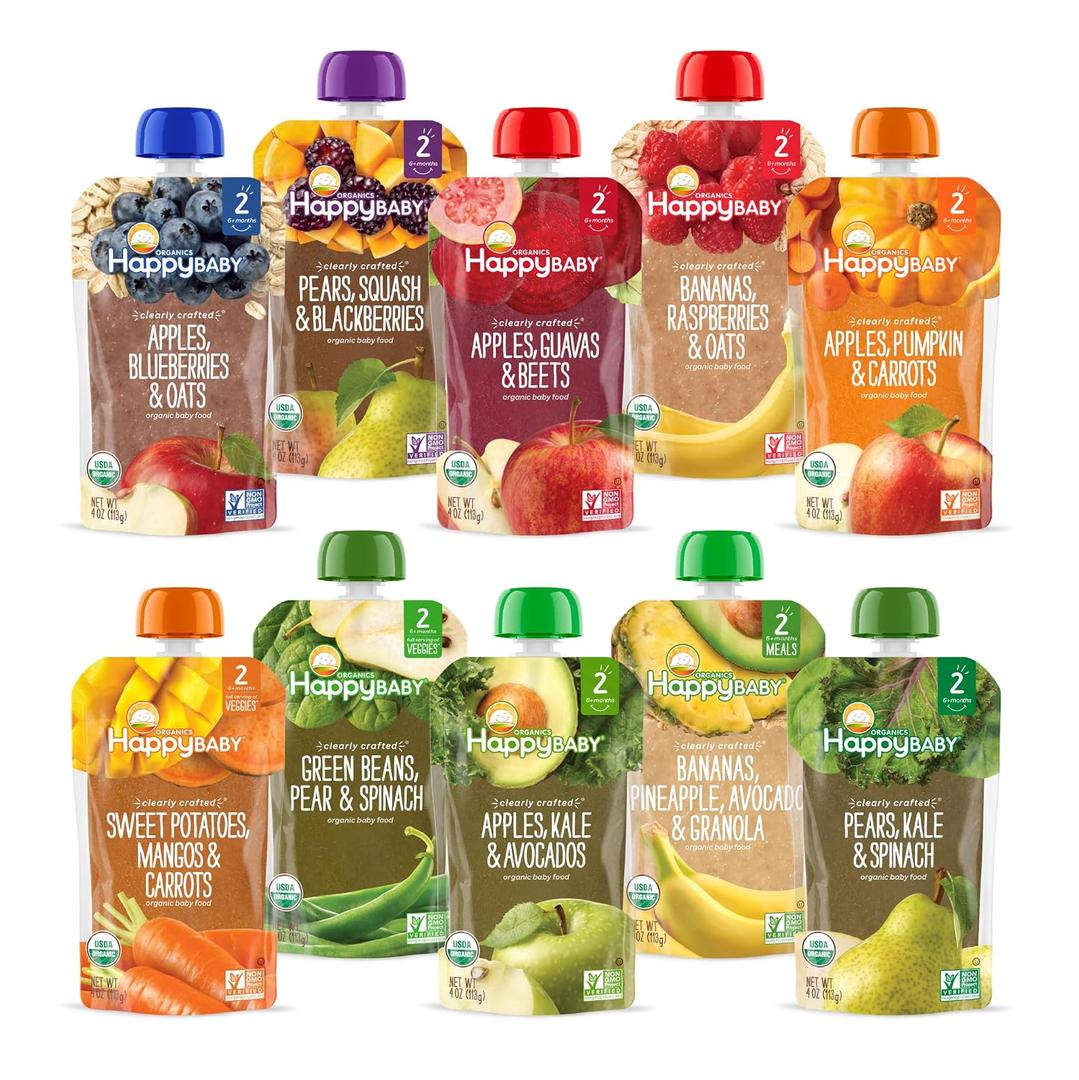 Happy Baby Organics Stage 2 Baby Food Pouches, Gluten Free, Vegan & Healthy Snack, Clearly Crafted Fruit & Veggie Puree, Fruit & Veggie Variety Pack, 4 Ounces (Pack of 10), Amazon Exclusive (EXP 12/01/26)