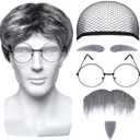 4-Piece Old Man Costume Set: Wig, Wig Cap, Glasses, Fake Beard & Eyebrows - Adult Unisex Cosplay Accessories - Masquerade, Birthday, Wedding, Halloween & More