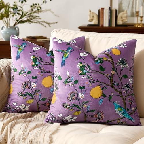 MUSSEL Light Purple Floral Pillow Covers 18x18 Set of 2, Velvet Wild Flower Plant Throw Pillows Case, Square Farmhouse Decor Cushion Covers for Home Sofa Bed Couch