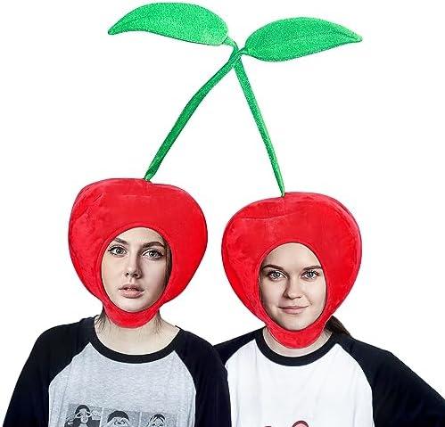 Warmtree Funny Cherry Hat Cute Hat Novelty Plush Hat Cherry Party Hat Dress Up Hat for Halloween Costume Cosplay Party, Pack of 2