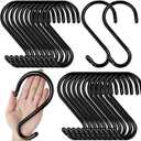 24 Pack Heavy Duty S Hooks, Non Slip Rubber Coated, 7mm Thick Metal Black S Hooks for Hanging Plants, Closet, Bird Feeders, Kitchen, Large Objects, Tools, Bikes