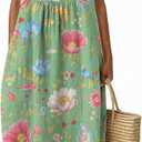 LOVESHOOT Womens Midi Dresses Summer Casual Sleeveless Crew Neck Floral A Line Sundress Boho Flowy Loose Dress (L)