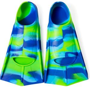 Kids Swim Fins, Short Comfortable Flippers for Lap Swimming and Training for Child, Girls, Boys, Beginners (XXXS(US Kids 9-10.5), Colorful-Green)