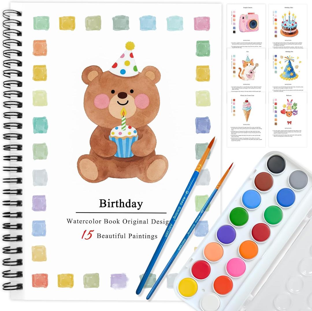 Watercolor Workbooks Coloring Book, Beginner Friendly Painting Kit, Detailed Steps, Creative Exploration Watercolor Book with Paint Set for Adults Teens (Bear Cake, With paint)