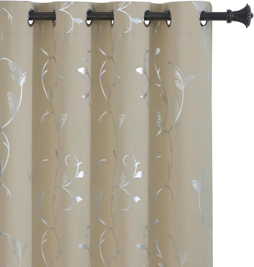 BUHUA Wave Floral Vine Print Blackout Curtains for Living Room Darkening Curtains Print Pattern Light Blocking Curtains for Bedroom 52W84L Beige 2 Panels