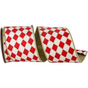 Reliant Ribbon Harlequin Solid Diamond Outline Gilded Deluxe Wired Edge, White/red, 4 Inch, 10 Yards