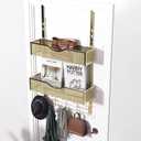 BRENNHOLZ Over The Door Hooks Organizer,Coat Rack with 10 Hooks and 2 Mesh Baskets,Back of Door Storage Organizer for Bathroom,Bedroom,Kitchen,Office(Golden)