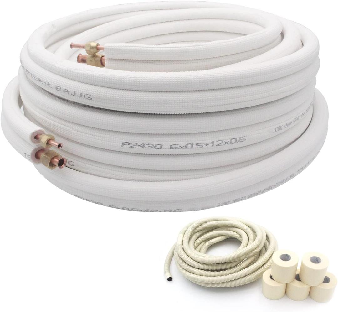 50 Ft Air Conditioning Copper Tubing Pipe Extension, 1/4" 1/2" 3/8" PE Thickened for Mini Split AC and Heating Equipment Insulated Coil Line HVAC Refrigerant with Nuts (1/4" & 3/8"* 3/8" PE with nuts)