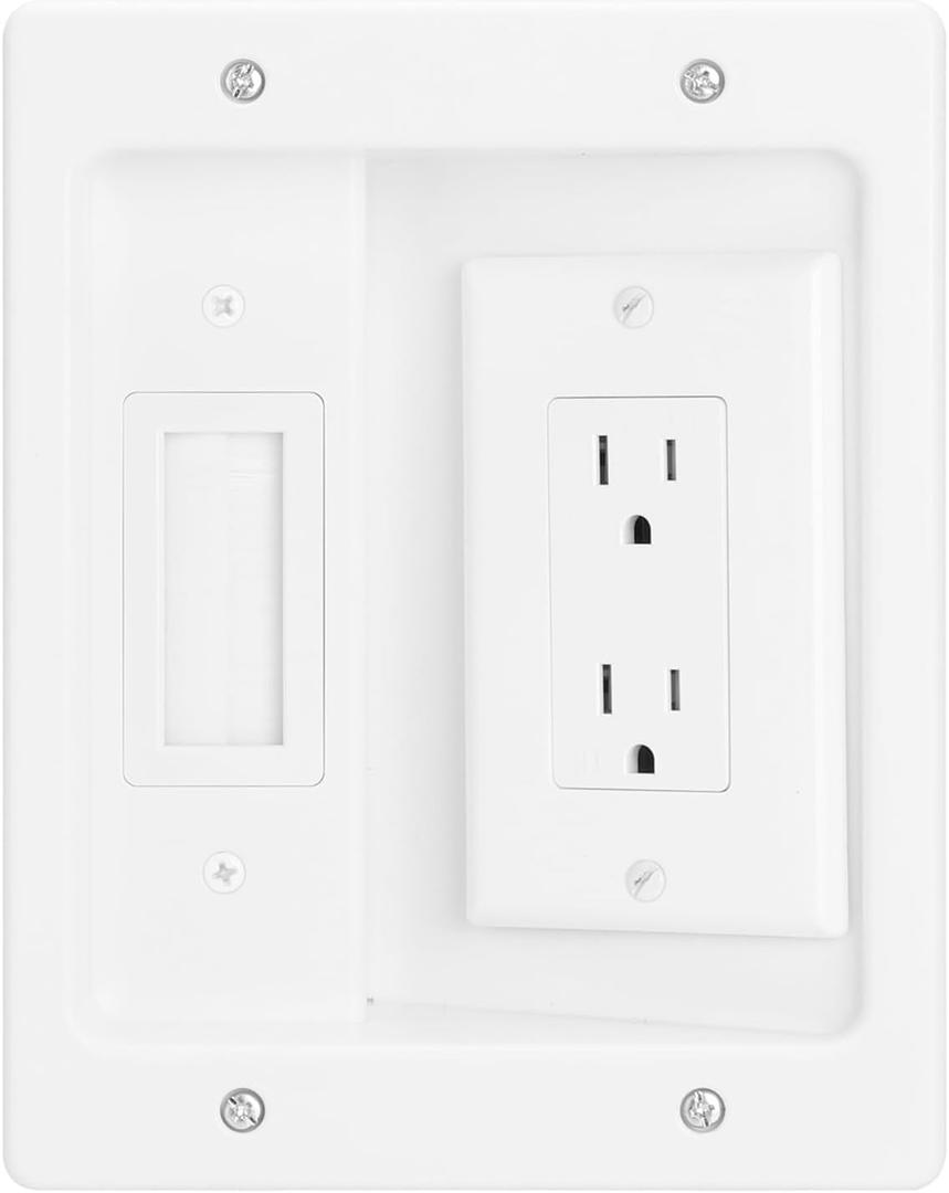 Wall Cable Concealer Kit, in Wall Cable Management Kit for TV,Recessed Outlet with Outlet Box and Brush Wall Plate,Integrated Solution for Orderly Management of Cables in the Living Room, White