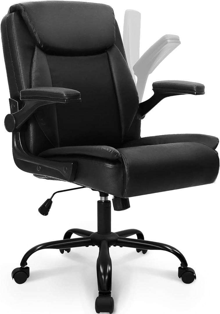 NEO Chair Desk Office Gaming Computer Chair Ergonomic Executive Mid-Back Leather with Adjustable Padded Flip-Up Armrests Cushion Wheels Swivel for Home Study Task (All Black)