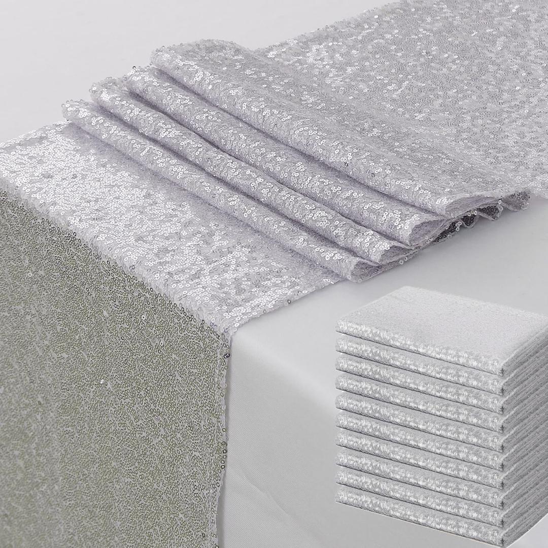 10 Pack Sequin Silver Table Runners 12 x 72 Inches - WENSINL Glitter Silver Table Runner for Party Wedding Birthday Engagement Christmas Meeting Outdoor Dining Room Event Decorations