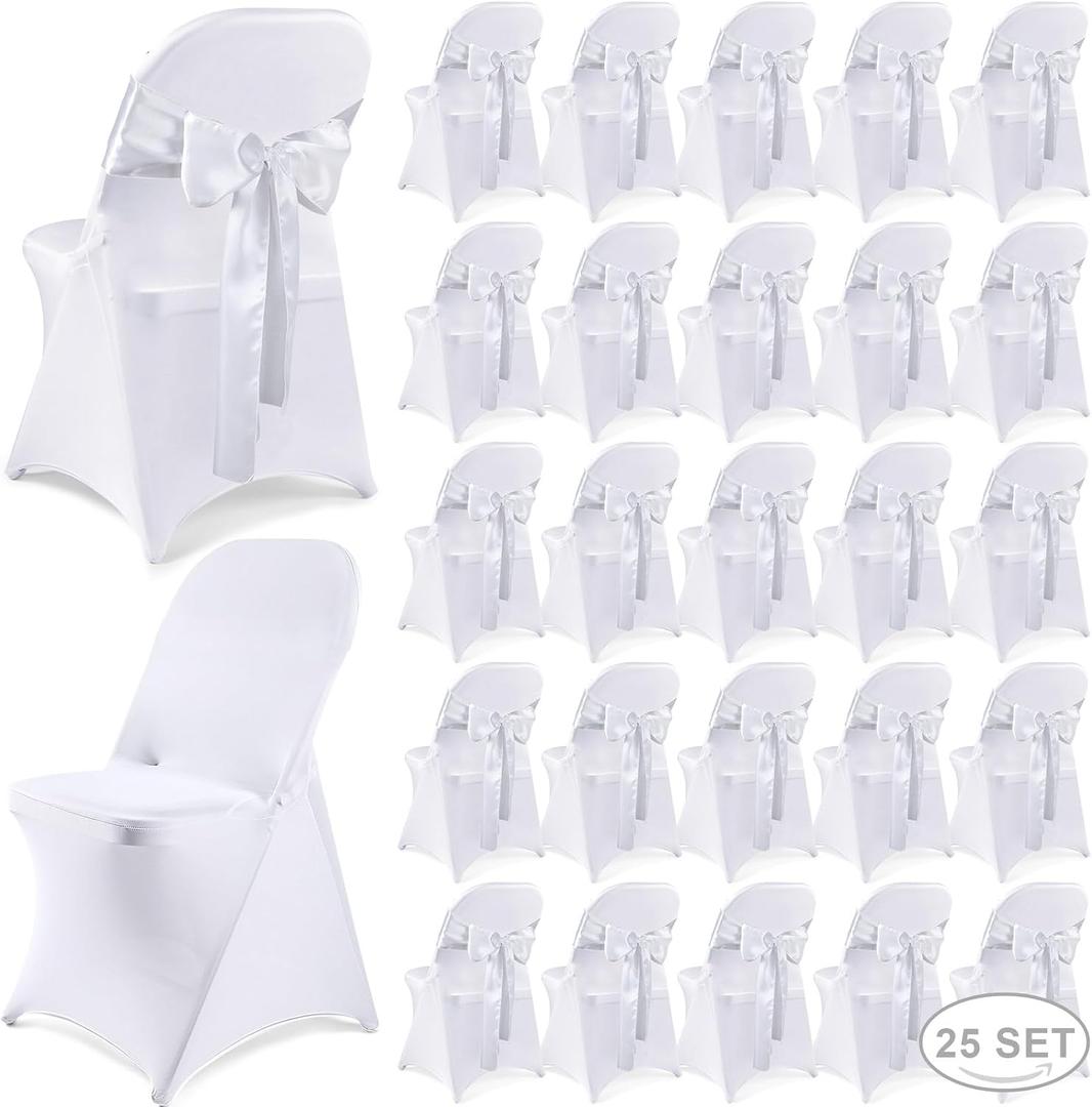 Lounsweer 50 Pcs Folding Chair Cover Set with 25 Stretch Spandex Slipcovers 25 Satin Chair Sashes Bows Ribbon Washable Banquet Protector for Wedding Event Party(White, White)