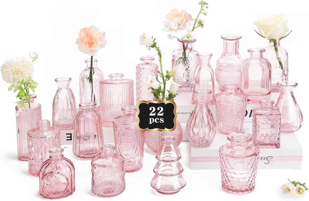 RUCKAE Pink Flower Vase in Bulk 22 Glass Bud Vases Vintage Small Vases for Centerpiece Table Wedding Decorations Home Decor Party (Pink) RUCKAE Pink Flower Vase in Bulk 22 Glass Bud Vases Vintage Small Vases for Centerpiece Table Wedding Decorations Home Decor Party (Pink)