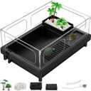 Small Turtle Tank, Aquarium, Acrylic Terrarium with Basking Platform, Bottom Drainage, Multi-Function Areas for Turtles, Crabs, Crayfish, Reptiles.(Black)
