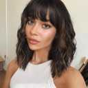 Veally Short Wavy Bob Wigs with Bangs for Women Black Mixed Brown Short Wavy Bob Curly Wig Synthetic Heat Resistant Bob Wig, Black Mix Brown