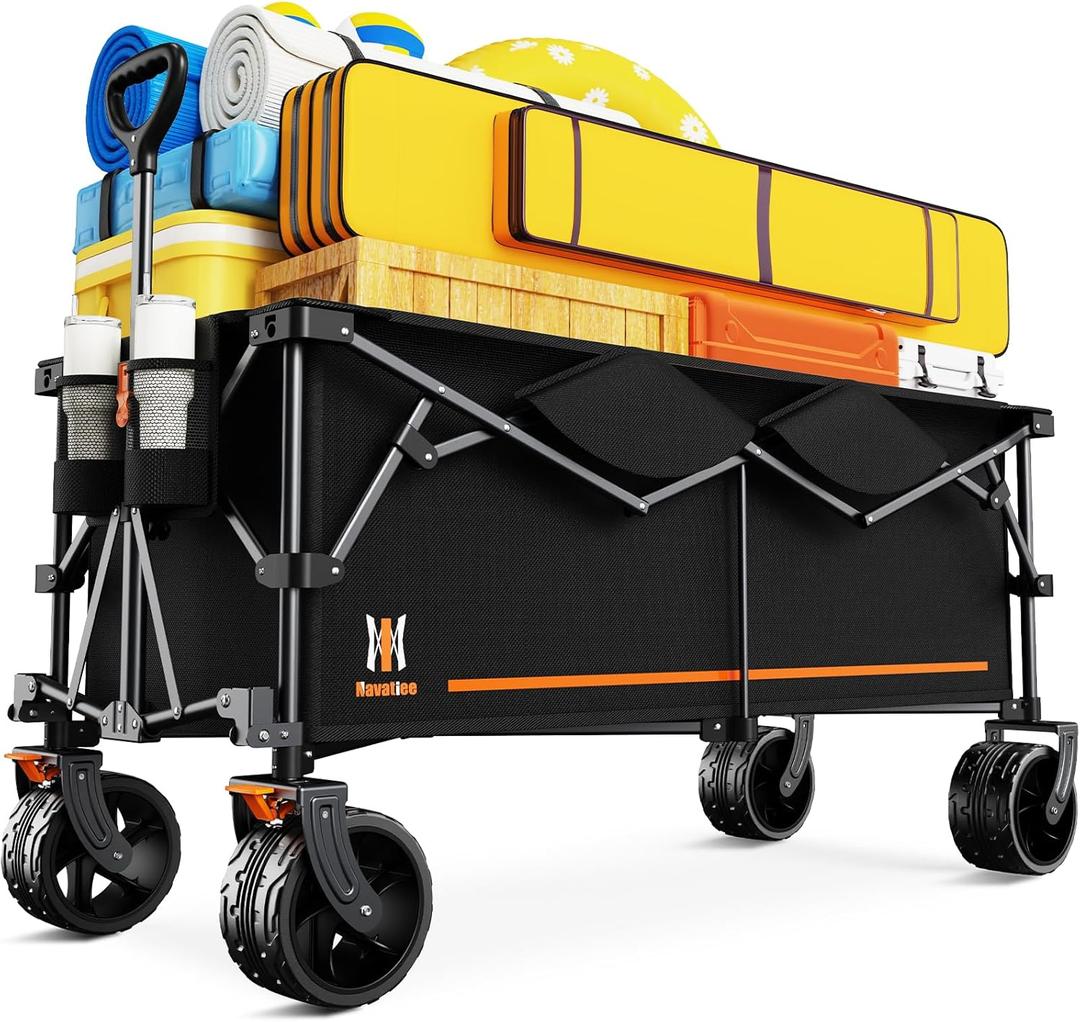 Navatiee Big Wheels Collapsible Wagon Cart Foldable, Heavy Duty Beach Wagon with Silent All-Terrain Wheels, Folding Utility Grocery Cart with Side Pocket and Brakes for Camping Garden Sports, Black