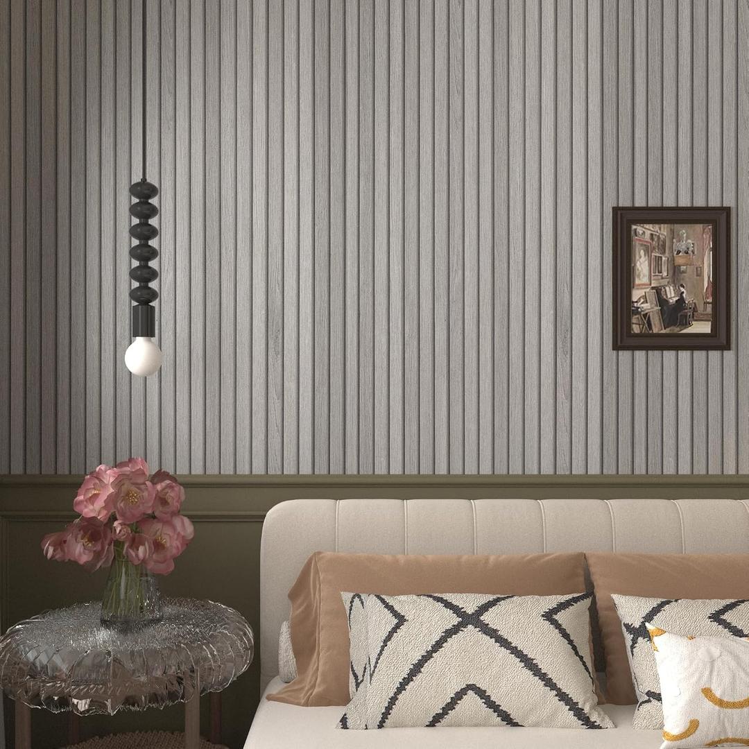 JSEVEM 31"×354" Extra Wide Thick Grey White Slat Striped Wood Wallpaper Peel and Stick Waterproof Gray Slats Striped Wood Grain Contact Paper Vinyl Wood Sticker for Bedroom Bathroom Office Room Walls