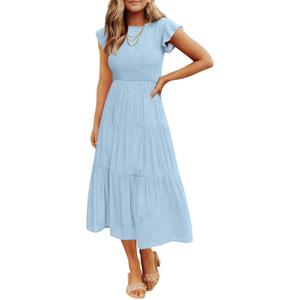 ZESICA Women's 2025 Summer Casual Flutter Short Sleeve Crew Neck Smocked Elastic Waist Tiered Midi Dress (Blue) Small ZESICA Women's 2025 Summer Casual Flutter Short Sleeve Crew Neck Smocked Elastic Waist Tiered Midi Dress (Blue) Small