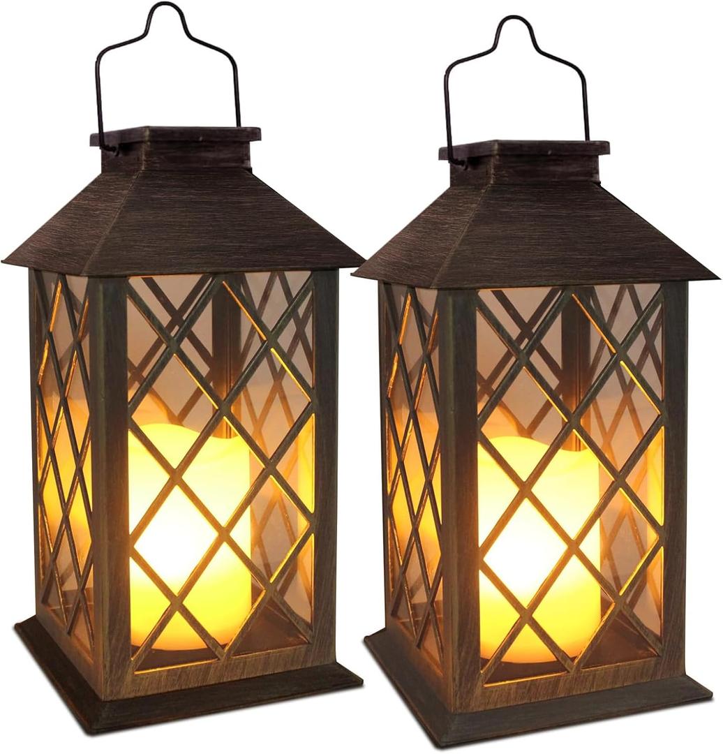 SHYMERY Solar Lanterns, Hanging Outdoor Lantern with Lasts 2X Longer LED Flickering Flameless Candles, Waterproof Outdoor Garden Lanterns Decorative for Patio, Porch,Deck, Yard, Table Decor 2 Pack