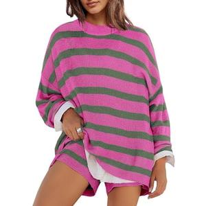 Womens Striped Sweater, Oversized Long Sleeve Sweater Top  (Pink Green, XL)